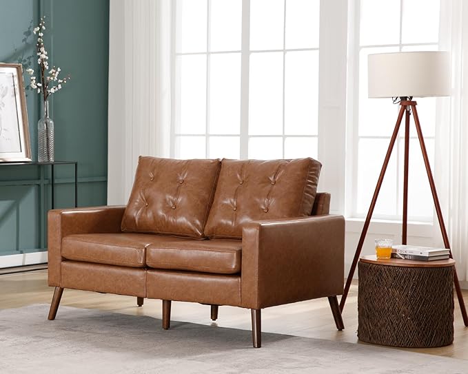 VESCASA 53" W Faux Leather Loveseat Sofa with Button Tufted Back, Mid Century Modern Upholstered 2 Seater Small Sofa Couch with Wood Legs, PU Leather Love Seats for Living Room/Bedroom, Caramel