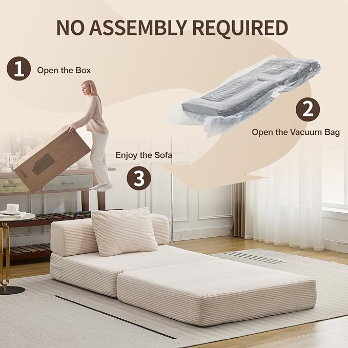 Folding Sofa Bed, Convertible Sleeper Chair with Pillow, Single Sofa with Back Support, Portable Fold Out Chair Cloud Couch Bed, Comfy Floor Sofa Lounge for Living Room Bedroom, White