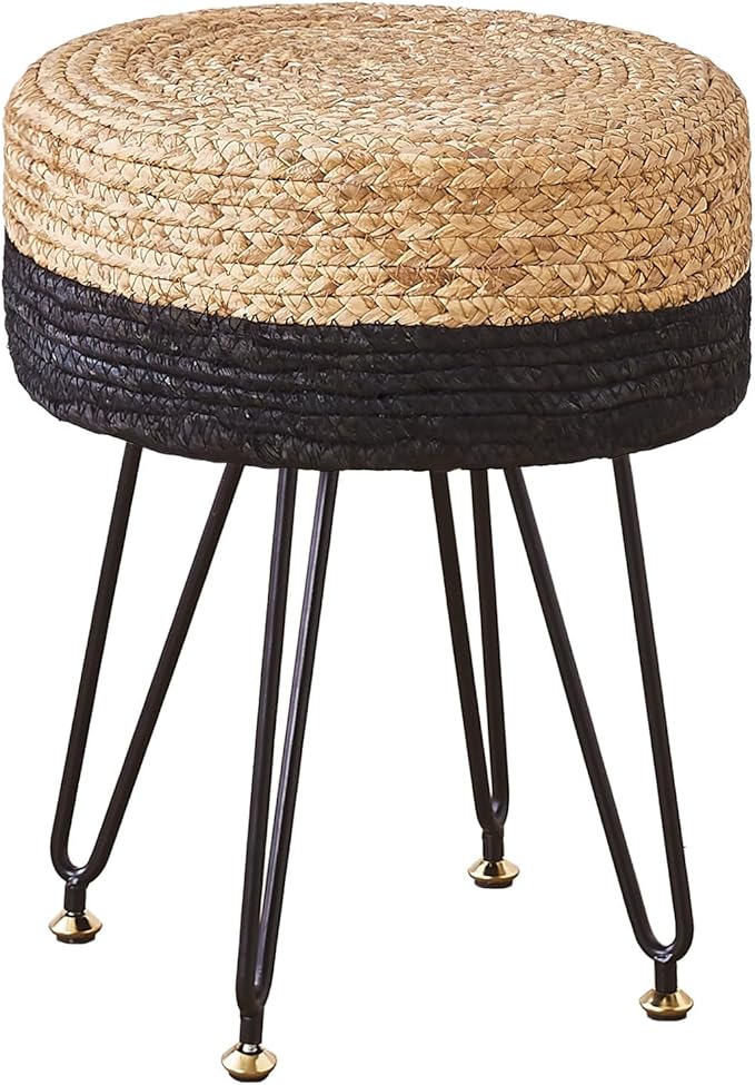 Wimarsbon Ottoman Pouf Handmade Natural Water Hyacinth,Round Footrest with 4 Metal Legs,Vanity Stool for Bedroom,Hallway,Living Room (Natural Water Hyacinth+Black Corn Husk)