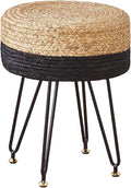Wimarsbon Ottoman Pouf Handmade Natural Water Hyacinth,Round Footrest with 4 Metal Legs,Vanity Stool for Bedroom,Hallway,Living Room (Natural Water Hyacinth+Black Corn Husk)