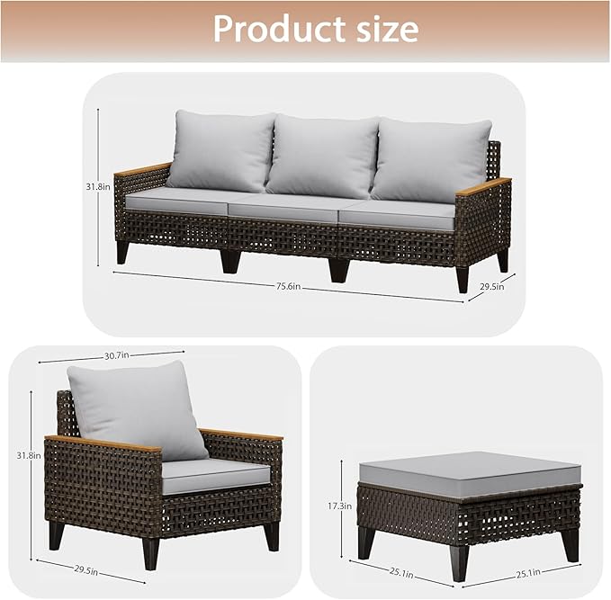 Xmkmvk 14 Piece Patio Sectional Sofa Furniture Set, All-Weather Wicker Rattan Outdoor Conversation Set with High Back and Thick Cushions, for Garden, Porch, Poolside, Gray