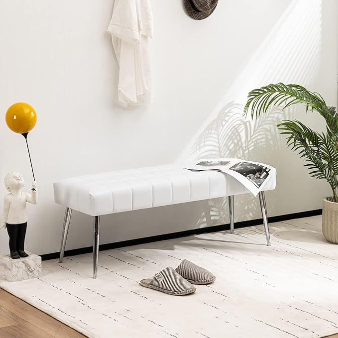 Apicizon 44.5”Ottoman Bench, Modern Faux Leather Bedroom Bench with Square Pull Point Design, Modern Cushion Ottoman Bench for Bedroom, Living Room, Entryway，White