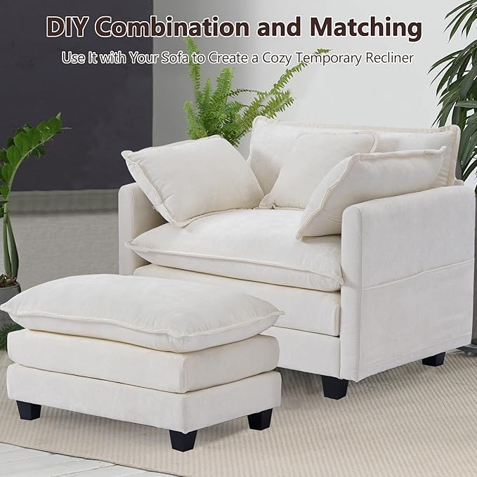SweetGO corporation 40" Chenille Lounge Chair for Reading, Modern Couch Cozy Sofa Bed, Upholstered Living Room Single Sofa Accent Chair with Ottoman, Beige