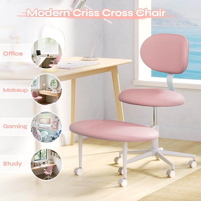 Pinmoco Ergonomic Cross Legged Office Chair with Wheels, ADHD Chair for Adults, Meditation Chair, Yoga Office Chair, Comfortable Back Support, Height Adjustable,Small Spaces, PU Leather, Pink