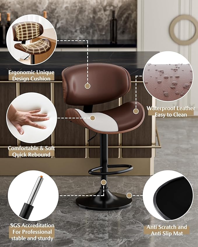 Aowos Bar Stools Set of 2, Adjustable Swivel Leather Bar Stools for Kitchen Island, Mid Century Modern Counter Height Bar Chairs Barstools with Back & Footrest (Brown)