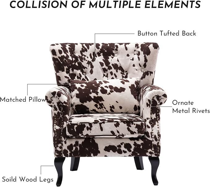 LZAREAL Accent Reading Arm Chairs for Living Room Bedroom, Midcentury Modern Comfy Corner Sofa Chair, Wingback Waiting Room Club Chair with Button Tufted Back &Lumbar Pillow, Fabric Cow
