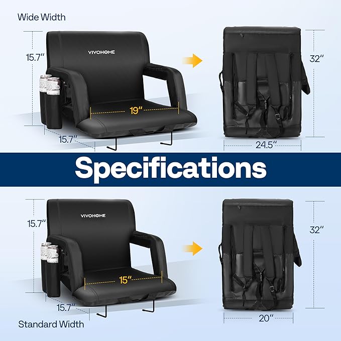 VIVOHOME Padded Stadium Seats with Back Support and Cushion, Portable Reclining Bleacher Chairs with Armrest and Cup Holder, Comfortable for Various Sports Events