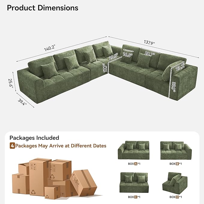 170''Modular Sectional Couches for Living Room, Cloud Boneless Compressed Sectional Sofa, Oversized L Shaped 7 Seater Upholstered Memory Foam Sofa, No Assembly, Chenille Green