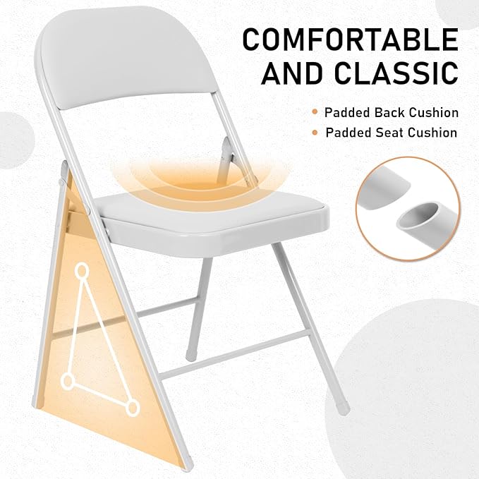 6 Pack White Padded Folding Chairs Set - Comfortable Stackable Portable Chairs for Indoor Outdoor, Events, Parties, Office, Wedding (PU Leather, Executive White,School Chair)