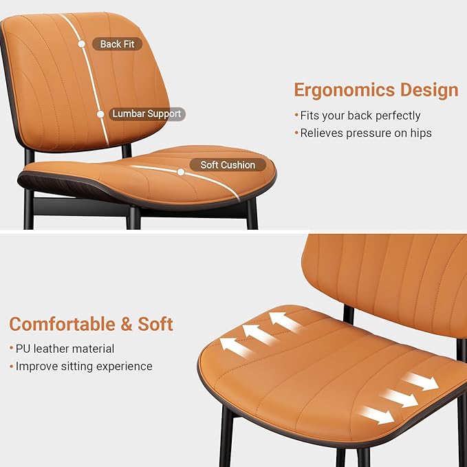 YaFiti Dining Chairs Set of 6, Mid Century Modern Dining Room and Kitchen Chairs, Upholstered PU Leather Chairs with Walnut Bentwood and Metal Legs, Orange