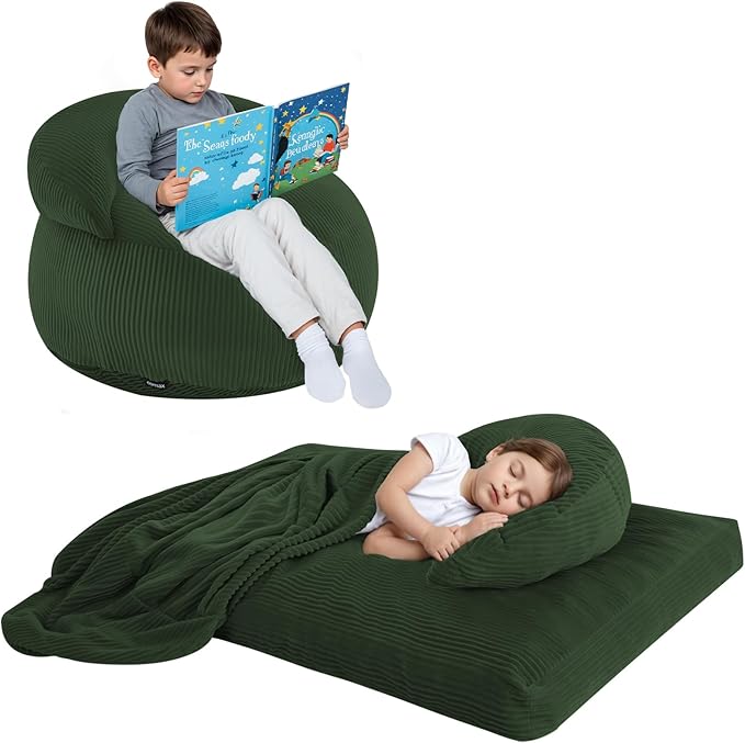 COMAX Bean Bag Chair for Kids, Convertible Toddler Beanbag Bed Corduroy, Children Bean Chair Stuffed to Floor Mattress with Filler, Green