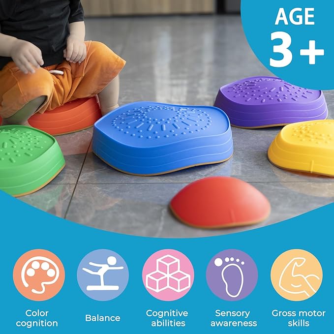 Oranmew Stepping Stones for Kids – Toddler Stepping Stones for Balance and Sensory Play, Non-Slip Indoor and Outdoor Balance Toys for Boys and Girls Age 3+, Stackable 6 Pcs Set