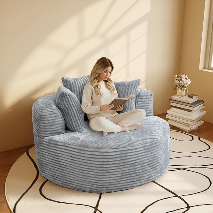 WJShome 50'' Corduroy Single Foam Couches, Oversized Round Chair with Pillows, Circle Chair Sleeper Couch,Modern Sleeper Boneless Sofa for Reading, Gray