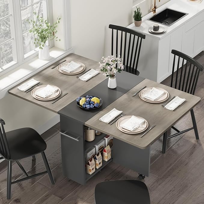 IDEALHOUSE Folding Dining Table, Drop Leaf Dining Table with 6 Wheels and 2-Layer Storage Shelf, Space Saving Kitchen Table for Small Spaces (Slate Oak, 47.2" D x 23.6" W x 29.5" H)