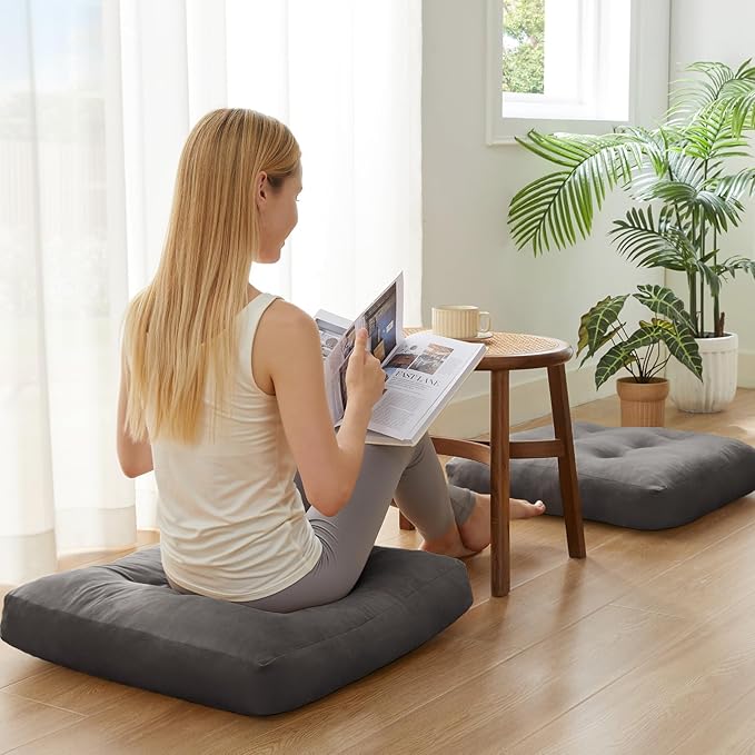 SM-XLHN Meditation Floor Pillow Set of 6, Square Large Pillows Seating for Adults, Meditation Cushion Pillow,Tufted Corduroy Cushion for Tatami Living Room or Yoga, Dark Gray, 22x22 Inch