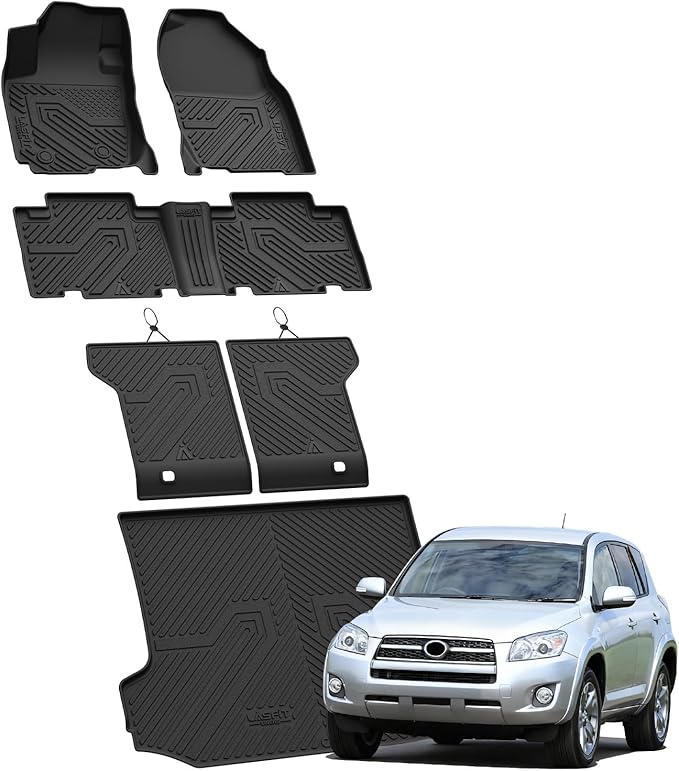 LASFIT Floor Mats and Cargo Liner for Toyota RAV4 2006-2012 5 Seat All Weather TPE Custom Fit Floor Liners for Toyota RAV 4 1st & 2nd Row & Seat Back Mat & Trunk Mat Full Set Accessories, Black