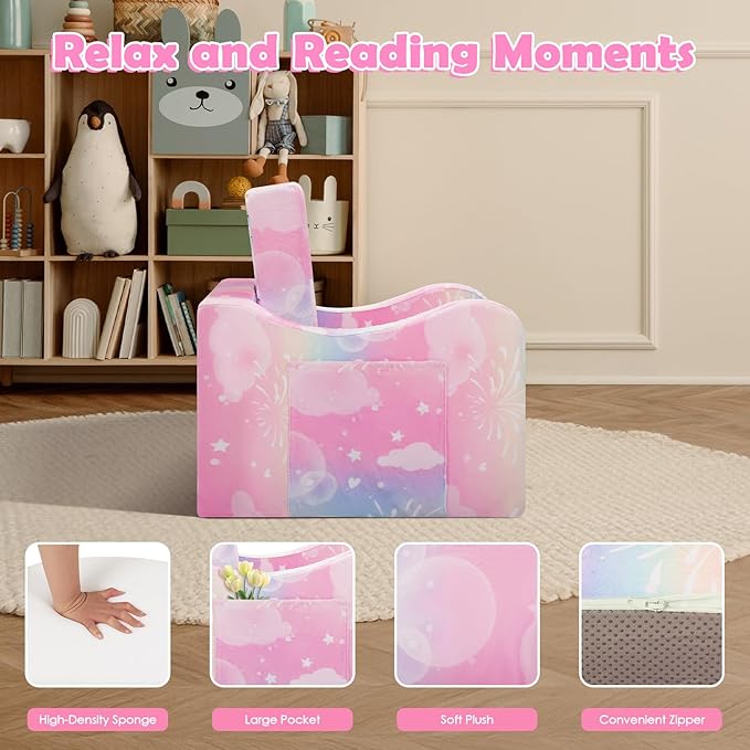 alldomess Comfy Kids Couch, 2-in-1 Folding Kids Sofa Bed for Toddler Girls, Convertible Sofa to Lounger Toddler Couch Chair for Baby Bedroom Playroom Nursery,Unicorn Rainbow