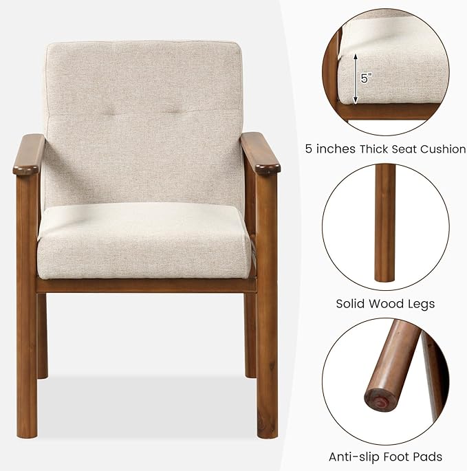 GOFLAME Accent Chair, Mid-Century Modern Armchair with Solid Wood Legs, Soft Cushioned Seat, Upholstered Linen Fabric Leisure Chair for Living Room, Bedroom, Guest Room, Office, Beige
