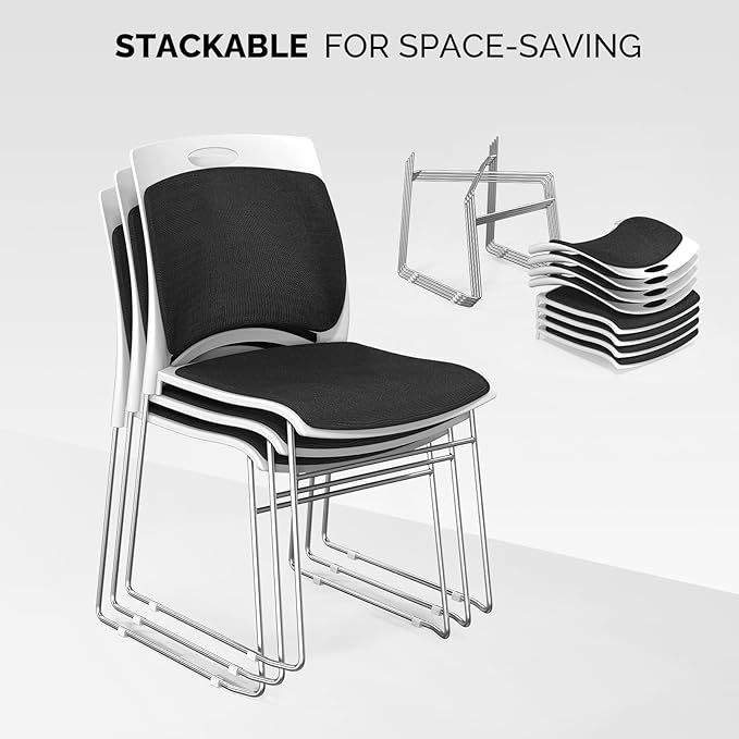 VINGLI Stackable Chairs Set of 8 Stacking Office Chairs with Metal Sled Base, Ergonomic Plastic Padded Seat & Back, Capacity 350lbs, Stacking Chairs for Waiting Room Break Room Banquet Guest, Black