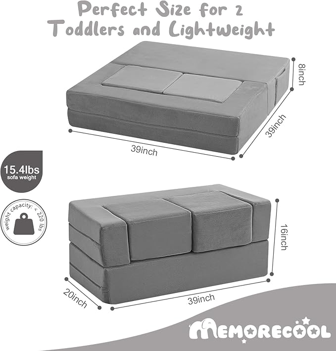 MeMoreCool Kids Play Couch Sofa – Grey Modular Convertible Foam Couch Soft Fold-Out Toddler Seating for Creative Play, Reading, Resting & Playroom Fun