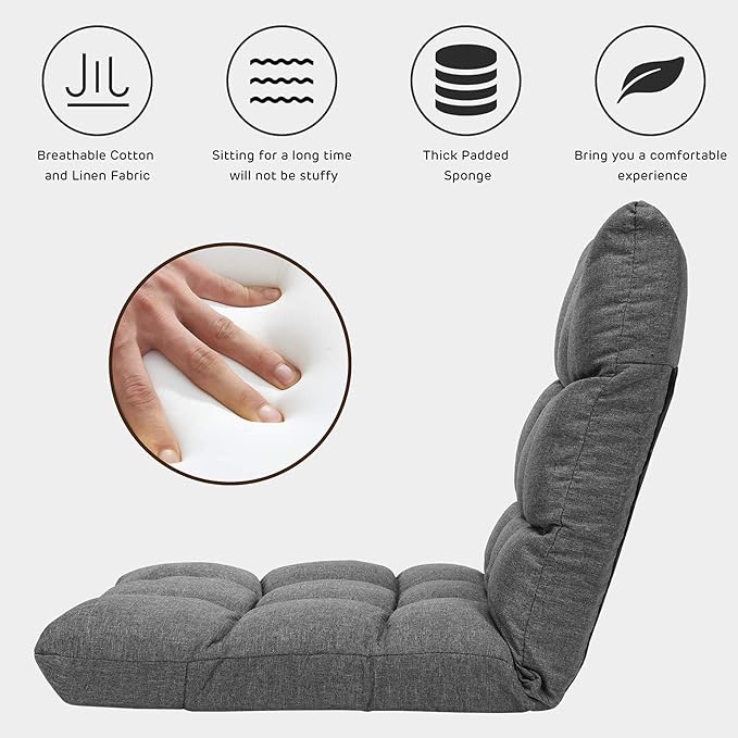 Giantex Adjustable Floor Gaming Sofa Chair 14-Position Cushioned Folding Lazy Recliner High Resilience Sponge, Breathable Cotton & Linen Fabric Sleeper Bed Couch Recliner with Removable Cover (Gray)