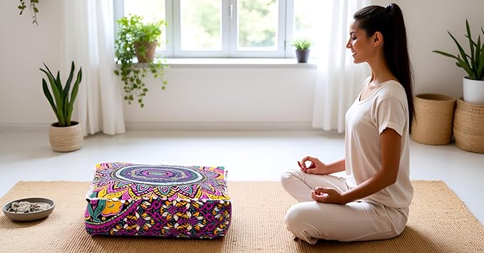 CRAFT KALA Large Hippie Mandala Meditation Floor Ottoman Pillow Cushion Pouf Cover Square Poufs Bohemian Circle Floor Cushion Case Outdoor Fireplace Yoga Living Room Decor Cover New Pink, 16" Square