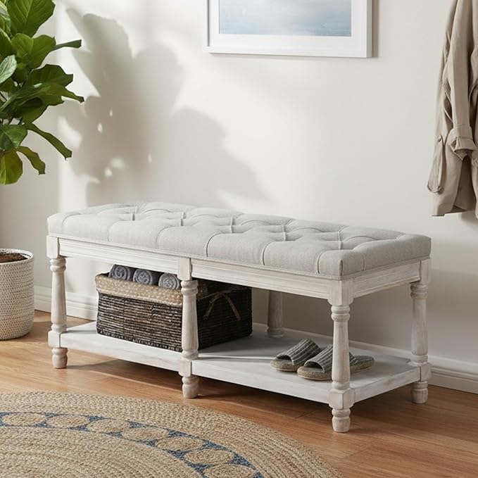Farmhouse Storage Bench Wooden Entryway Upholstered Tufted Ottoman Bench for Bedroom End of Bed Hallway Organizer, Beige