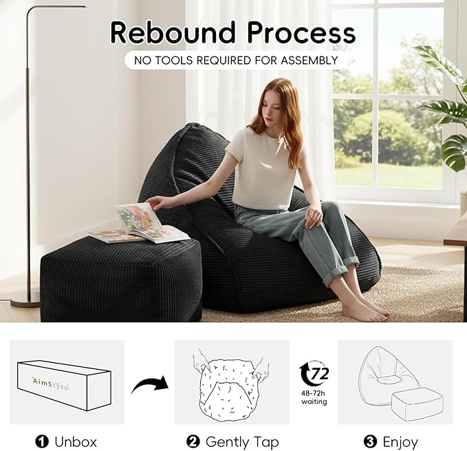 Cloud Bean Bag Chair with Ottoman for Adults, Comfy Corduroy Chaise Lounge Chair with High-Resilience Foam, Boneless Reading Chair for Bedroom & Living Room (Black)