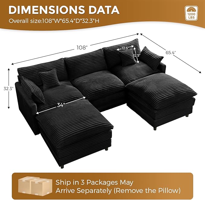 HYJT-H&K 108" U Shaped Cloud Couch Modular Black Sectional Couches for Living Room, Comfy Fluffy Corduroy Oversized Cloud Sectional Couch Large 5 Seat Sectionals Sofa Set, Black