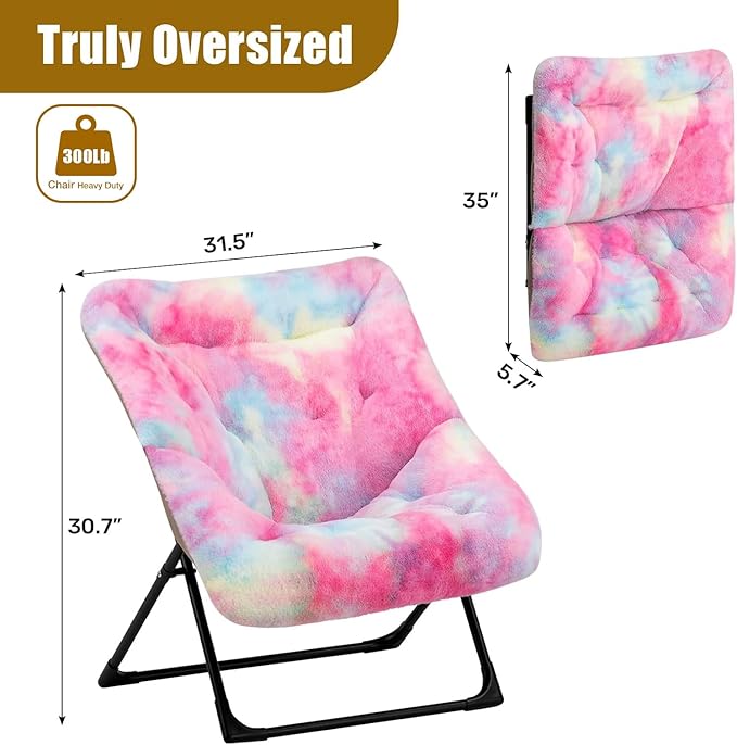 HollyHOME X-Large Saucer Chair, Comfy Oversized Folding Chair, Faux-Fur Reading Chair for Teens, Adults, Foldable Accent Lazy Chair, Metal Frame Lounge Chair for Living Room, Bedroom, Dorm, Colorful