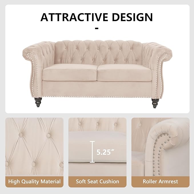 QHITTY Accent Sofa, Chesterfield Loveseat Modern Velvet Couch Upholstered Sofa with Tufted Back for Living Room Furniture (Beige)