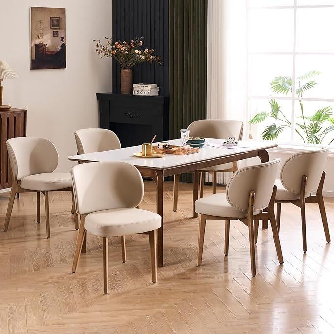 YOUNUOKE Upholstered Dining Chairs Set of 6, Modern PU Leather Dining Room Chair with Soild Wood Legs, Widen Backrest Comfy Armless Side Kitchen Chairs, Khaki