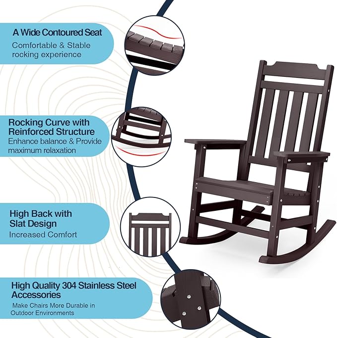 hOmeQomi Rocking Chair, All Weather Resistant Poly Lumber Outdoor Porch Rocker, Rocking Chairs for Outdoor, Indoor, Patio, Deck, Garden, Backyard, Load Bearing 380 lbs - Brown
