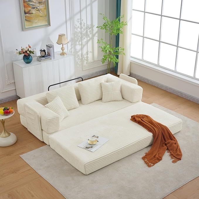 Folding Sofa Bed, Corduroy Loveseat Sleeper with Fixed-Shape Frame, No Assembly Needed Futon Couch, Convertible Floor Sofa Lounge Couch for Living Room, Bedroom, Lounge Studio, Ivory