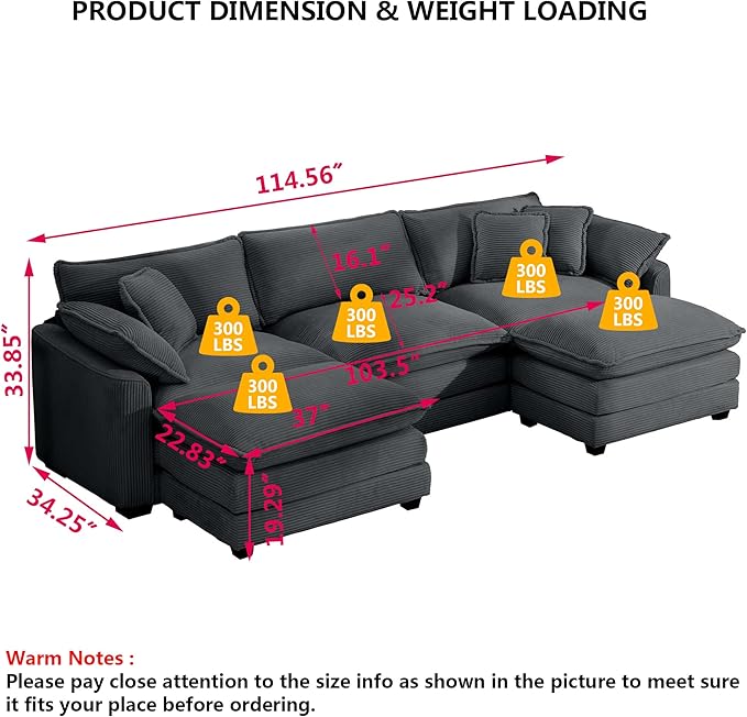 Aoowow Corduroy 3 Seater Couch with Ottomans,Modern Large Cloud Couches for Living Room,U Shaped Modular Sectional Cloud Sofas Deep Seat,U Shape Oversized Tufted Sofa Set (Grey, 3 Seater + 2 Ottoman)