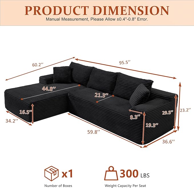 HYJT-H&K Modular Sectional Sofa Cloud Sectional Couch, 95" Comfy Fluffy L Shaped Black Couches for Living Room, Deep Seat Memory Foam Plush Corduroy Boneless Couch Sectionals Left Facing Chaise Sofa