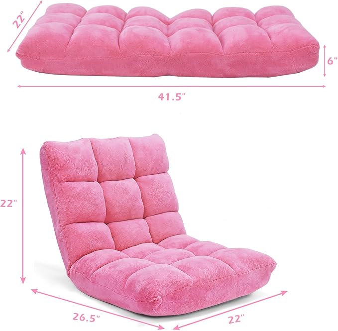 COSTWAY Floor Chair, Video Gaming Chairs with Back Support, Adjustable 14-Position, Alloy Steel Frame, Soft Coral Fleece, Lazy Sofa Lounge for Reading Living Room Recliner for Adults Kids, Pink
