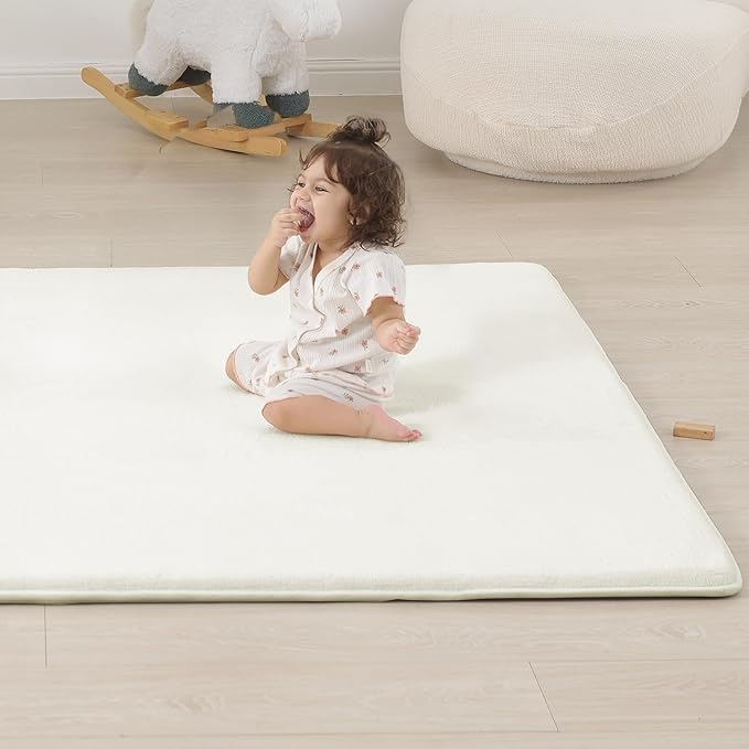 PAPAMAT 1.3" Thick Baby Floor Play Mat 50x50, Basic Padded Foam Mat for Tummy Time Crawling, Non Slip Cushioned for Babies Toddlers Infants Kids (Ivory)