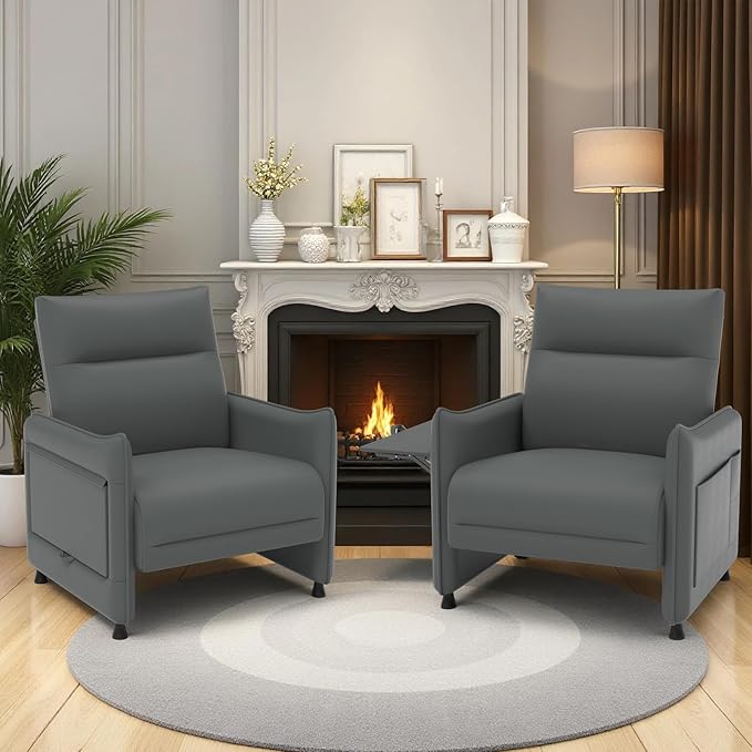 Upholstered Accent Sofas Set of 2, Modern Faux Leather Sofa Chairs with Hidden Foldable Tray & Side Pocket, Front Contour Arm Design, Small Accent Sofas for Small Spaces, Gray