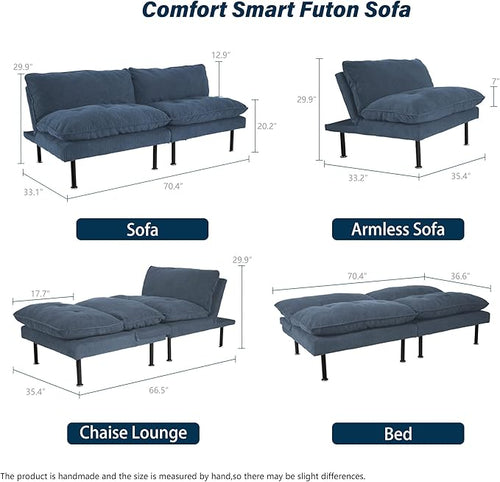 2 Sets 70" Futon Sofa Bed, 4 in 1 Multi-Function Couch Sleeper with Adjustable Backrest, Modern Convertible Futon, Recliner Small Loveseat for Living Room, Blue