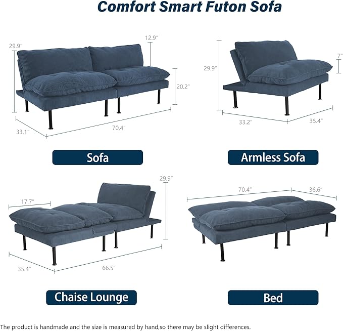 70" Futon Sofa Bed, 4 in 1 Multi-Function Couch Sleeper with Adjustable Backrest, Modern Convertible Futon, Recliner Small Loveseat for Living Room, Dorm, Blue