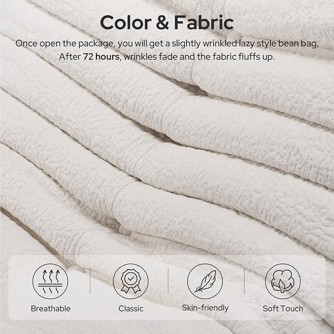 High-end Togo Bean Bag Chair, Fireside Chair with Pure White Jacquard Fabric Cover, Comfy & Soft Lazy Floor Lounge Sofa for Bedroom, Living Room, Office or Salon