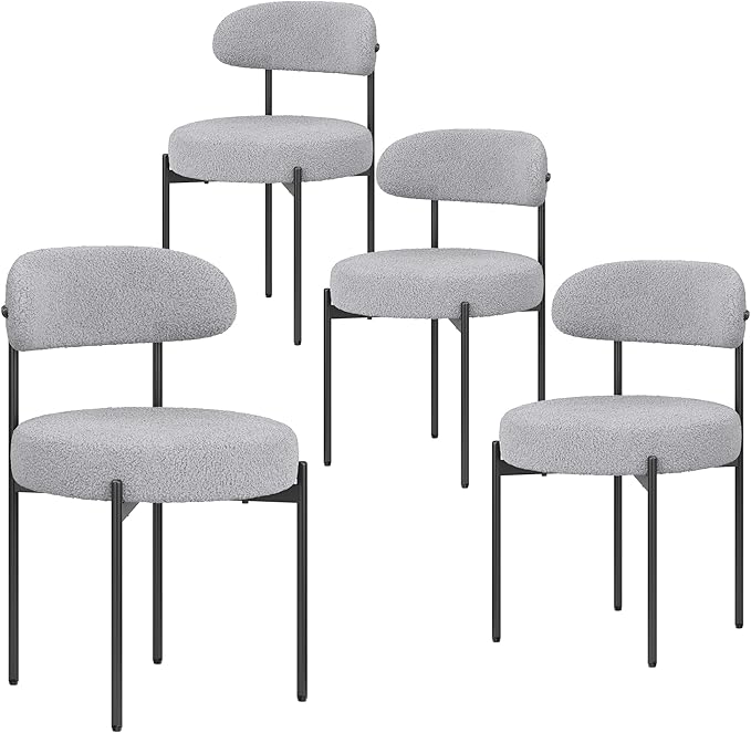 Farini Dining Chairs Set of 4,Mid-Century Modern Kitchen Chair Curved Backrest Round Upholstered Sherpa Dining Chairs with Metal Legs,Grey