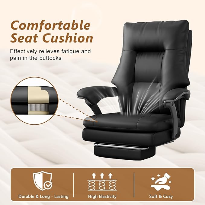 WXJHL Big and Tall Office Chair 600 lbs Wide Seat, Leather High Back Executive Office Chair with Leg Rest, Ergonomic Desk Chairs with Lumbar Support for Home Office, Black