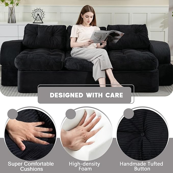 MeMoreCool Cloud Floor Sofa – 3-Seater Convertible Couch Bed, Tufted Corduroy, Black No Assembly | Modular Cushion Design | Compressed in a Box | Comfy for Living Room or Bedroom