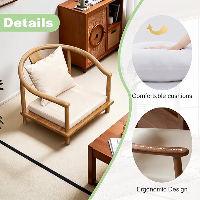 Wooden Japanese Floor Chair with Cushion, Multifunctional Floor Armchair with Backrest, Accent Meditation Legless Back Rest Chairs for Living Room, Bedroom, Balcony