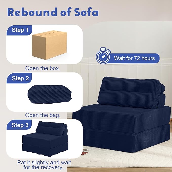 MeMoreCool Folding Sofa Bed Single – Convertible Sleeper Chair with Pillow, Navy | Foldable Mattress Back Support Portable Fold Out Chair Bed Comfy Floor Sofa Lounge for Living Room Bedroom