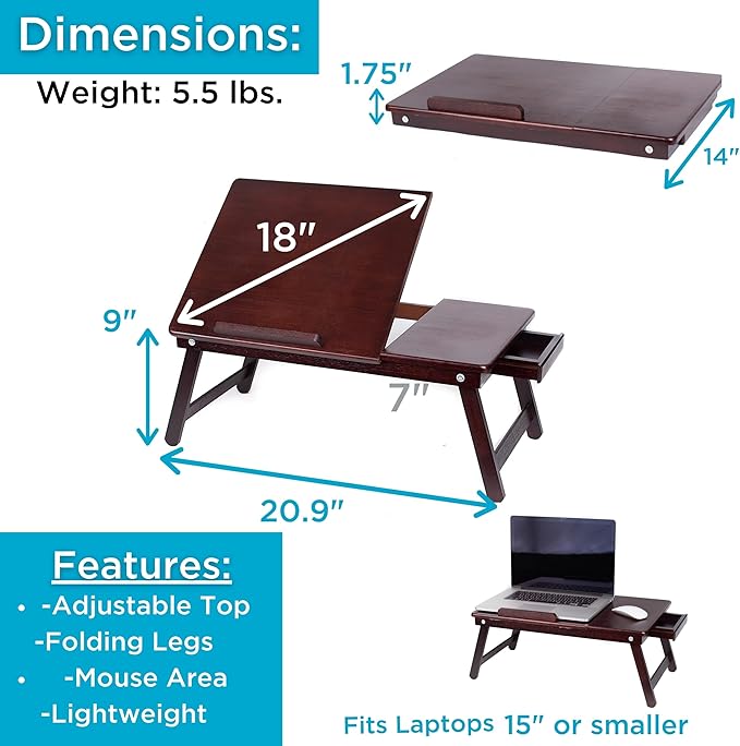 BIRDROCK HOME Bamboo Laptop Bed Tray with Adjustable Tilt Surface | Foldable Legs & Pullout Storage Drawer | Wooden Lap Desk for Work, Reading, or Eating | Fits Laptops Up to 15" | Walnut Finish