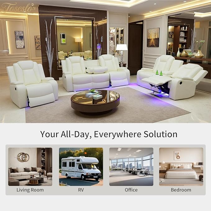 Toseslo Living Room Furniture Sets, Power Recliner Sofa Set with LED Light, Black Leather Sofa and 2 Chairs Set, Modern Power Reclining Sets with Storage Console for House,Creamy White