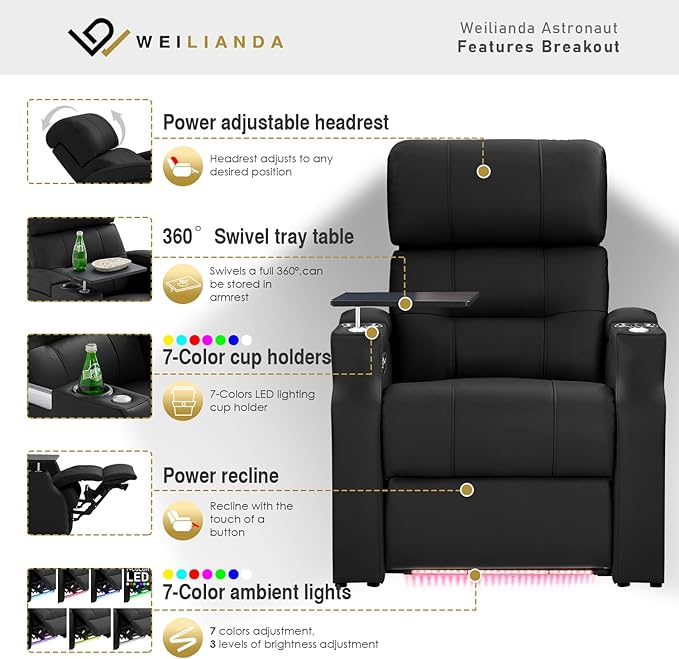 Weilianda Home Theater Seating, Top Grain Leather Sectional Seats Recliner Chair, Zero Gravity Reclining Sofa with Power Headrest 7 Colors Ambient Lighting USB C Charge Row of 1 Black